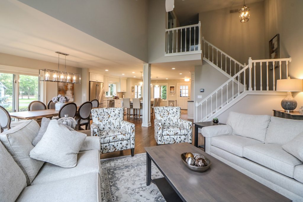 living room with stairs